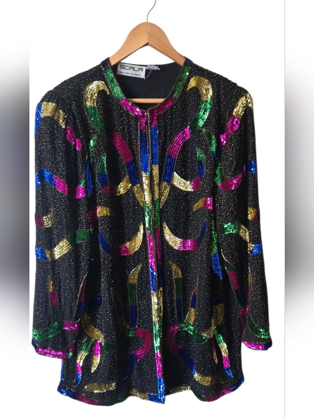 Scala Milan Paris LA Vintage 80s/90s Sequin Jacket 2X Black Multicolor Silk